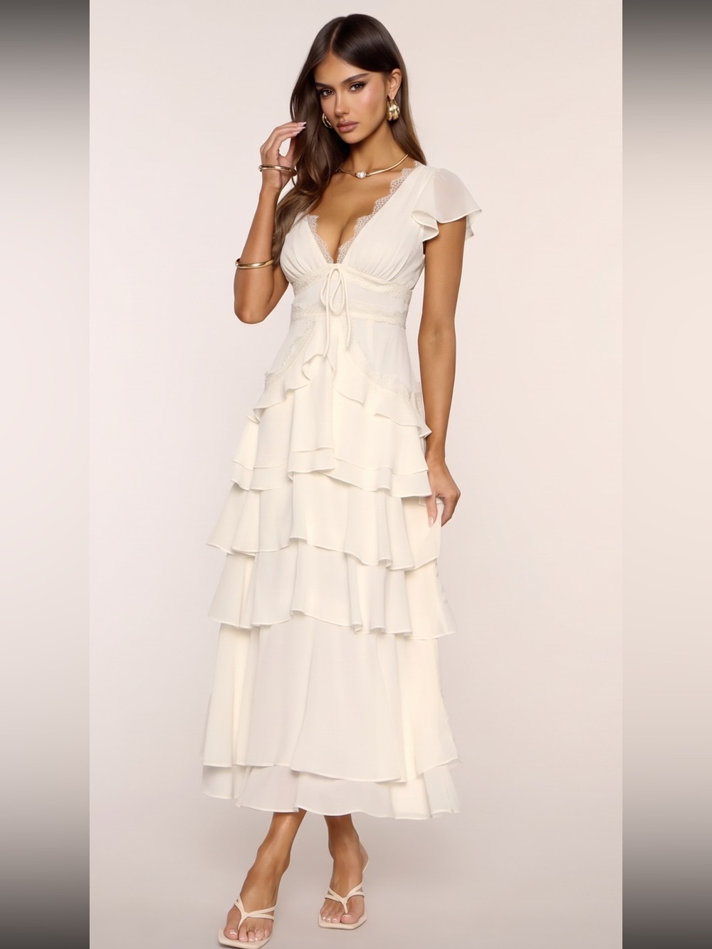 Windsor Cream Ruffled Tiered Maxi Dress with Lace Detail